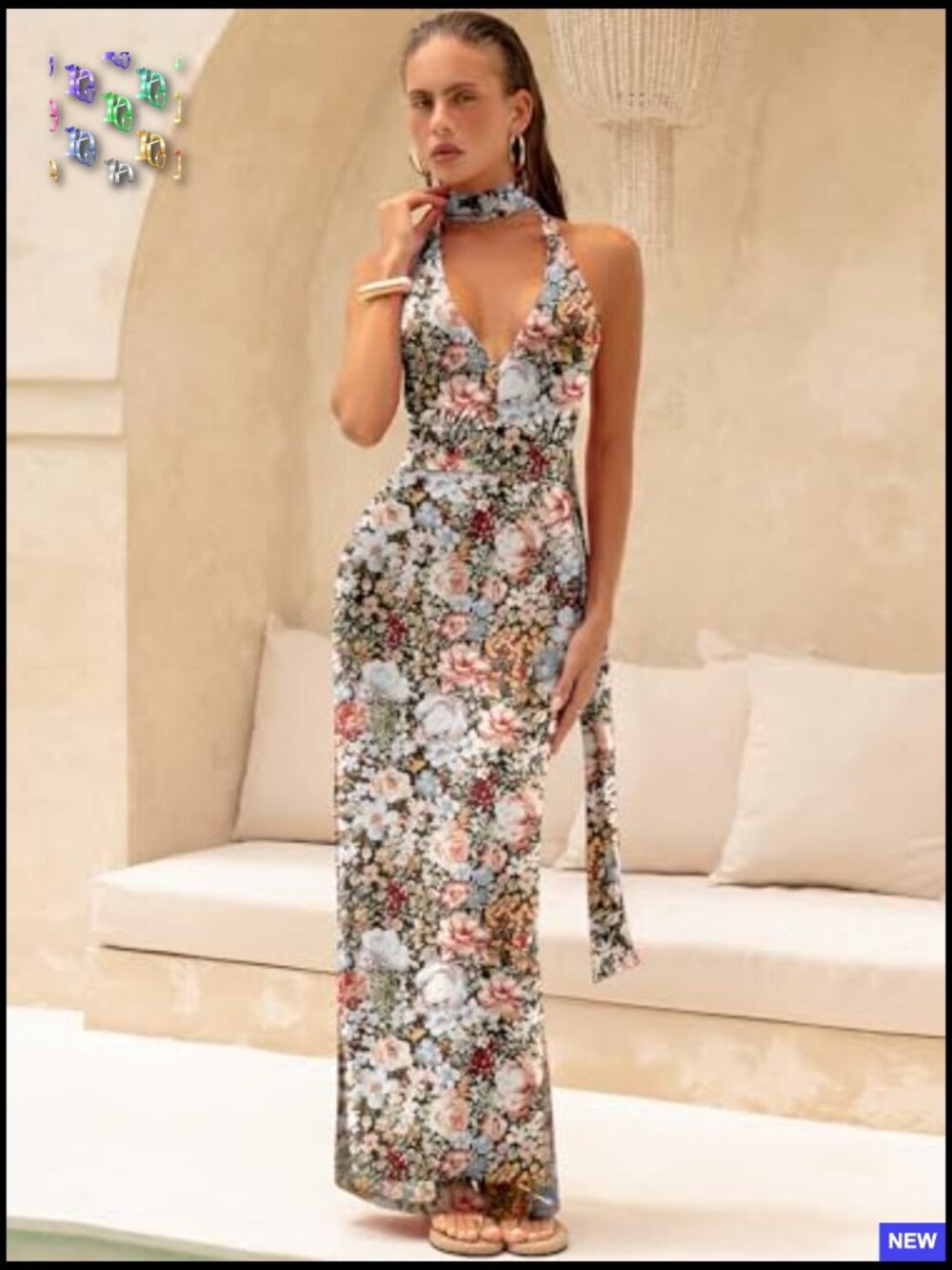Halter Backless Maxi Dress Floral Mesh Bodycon Elegant Wedding Party Wear - Picture 2 of 7